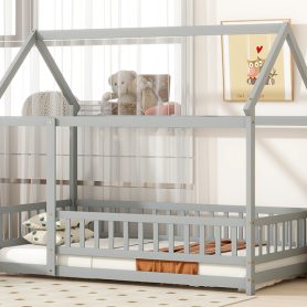 Twin Size House Floor Wooden Bed With Roof Frame, Safety Guardrails
