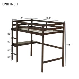 Twin Rubber Wood Loft Bed With Safety Guardrail, Built-in Desk, Ladder