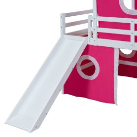 Twin Size Loft Bed with Slide Pink Tent and Tower