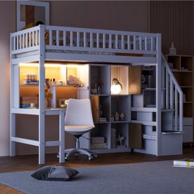 Wood Twin Size Loft Bed with Built-in Desk, LED, Storage Shelves, Cabinets and Staircase 30 Wood Twin Size Loft Bed with Built-in Desk, LED, Storage Shelves, Cabinets and Staircase