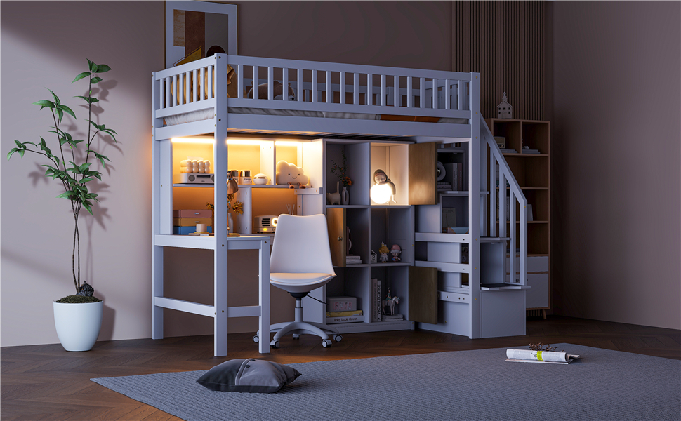 Wood Twin Size Loft Bed with Built-in Desk, LED, Storage Shelves, Cabinets and Staircase 8 Wood Twin Size Loft Bed with Built-in Desk, LED, Storage Shelves, Cabinets and Staircase