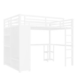 Metal Queen Size Loft Bed Frame With Built-in Wardrobe, Desk And Storage Shelves