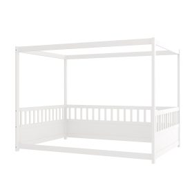 Full Size Canopy Bed Frame with Guardrails for Kids