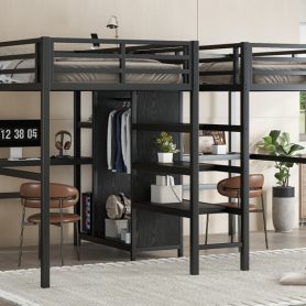 Twin Over Twin Metal Loft Bed with Double Desk, Wardrobe, Shelves and Electrical Outlet