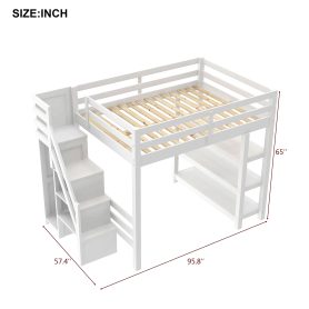 Full Size Loft Bed with Shelves, Storage Staircase, Wardrobe and LED Light