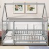 Full Size House Floor Wooden Bed With Roof Frame, Safety Guardrails