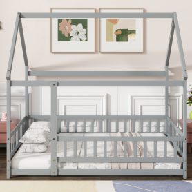 Full Size House Floor Wooden Bed With Roof Frame, Safety Guardrails