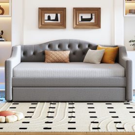 Upholstered Full XL Size Daybed with LED Belt and Trundle