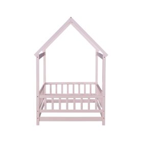 Wooden Twin Size House Floor Bed With Roof Frame, Safety Guardrails