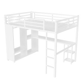 Metal Queen Size Loft Bed Frame With Built-in Wardrobe, Desk And Storage Shelves