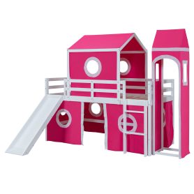 Twin Size Loft Bed with Slide Pink Tent and Tower