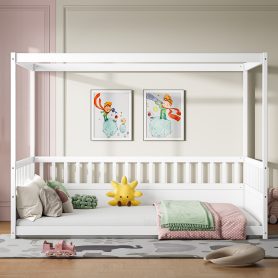 Full Size Canopy Bed Frame with Guardrails for Kids