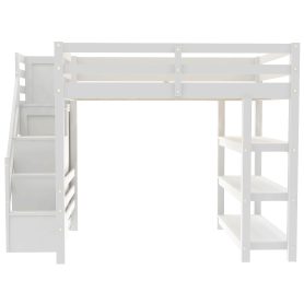 Full Size Loft Bed with Shelves, Storage Staircase, Wardrobe and LED Light