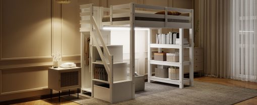 Twin Size Loft Bed with Shelves, Storage Staircase, Wardrobe and LED Light