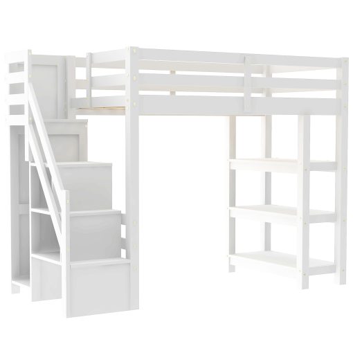 Twin Size Loft Bed with Shelves, Storage Staircase, Wardrobe and LED Light
