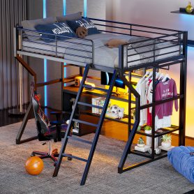 Full Size Metal Gaming Loft Bed with Built-in Work Station, Open Wardrobe, LED and Multiple Storage