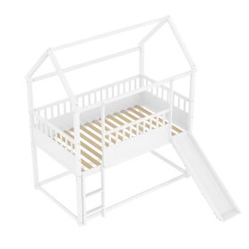 Wooden Twin Over Twin Floor Bunk Bed With Safety Guardrail, Convertible Slide And Ladder