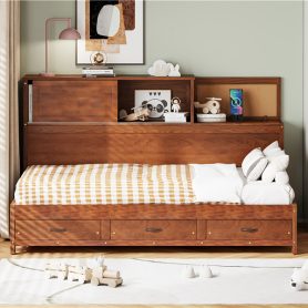 Wooden Twin Size Daybed with 3 Storage Drawers, Upper Soft Board, Shelf, and a Set of Sockets and USB Ports
