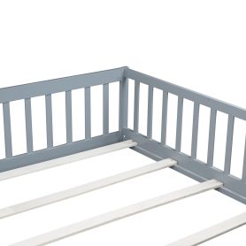 Rubber Wood Queen Size Floor Bed with Fence, Door and Safety Guardrails