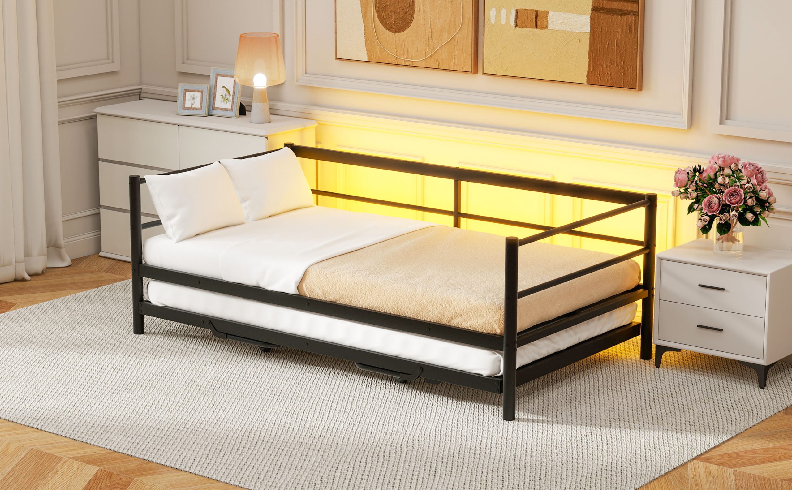 Twin Size Metal Daybed with LED and Adjustable Trundle 6 Twin Size Metal Daybed with LED and Adjustable Trundle