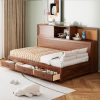 Wooden Twin Size Daybed with 3 Storage Drawers, Upper Soft Board, Shelf, and a Set of Sockets and USB Ports