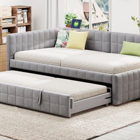 Full Size L-Shaped Upholstered Daybed with Twin Size Pop Up Trundle and USB ports