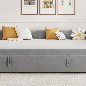 Full Size L-shaped Upholstered Daybed With Twin Size Pop Up Trundle