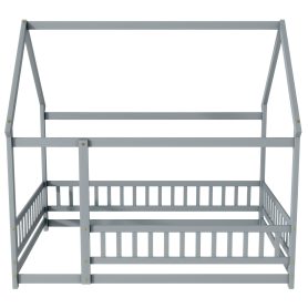 Full Size House Floor Wooden Bed With Roof Frame, Safety Guardrails