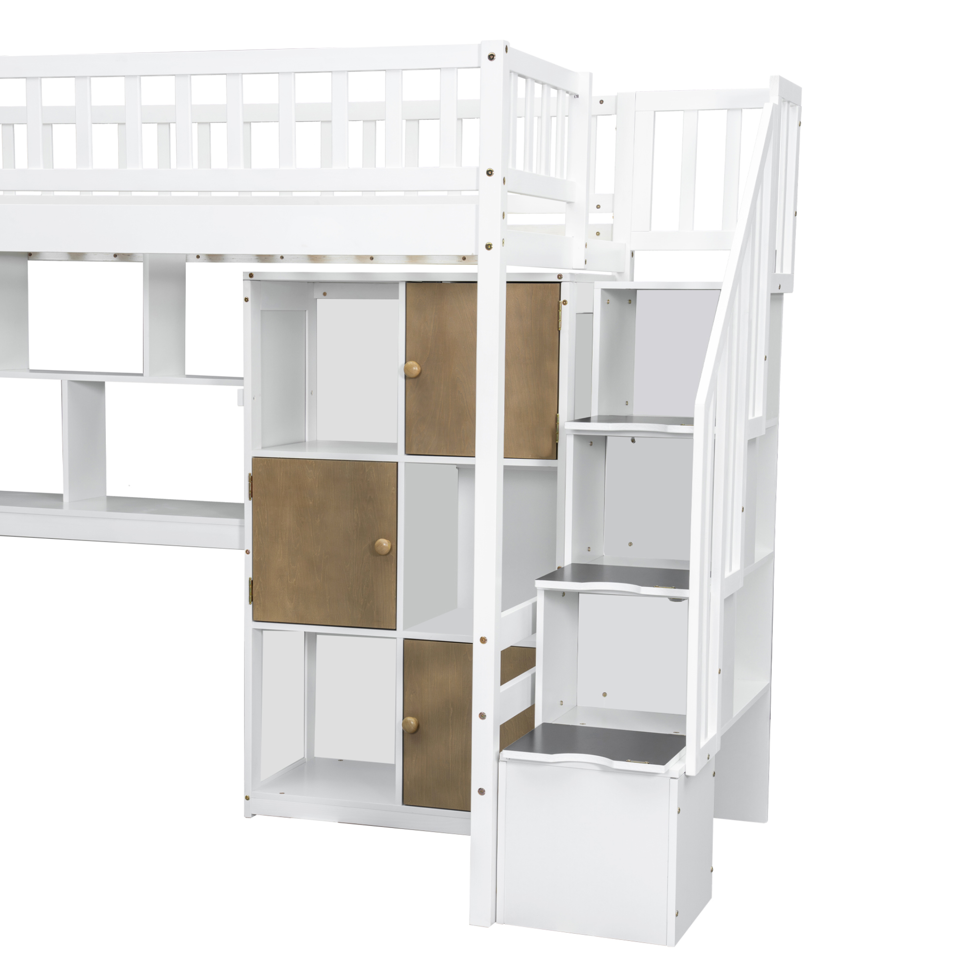 Wood Twin Size Loft Bed with Built-in Desk, LED, Storage Shelves, Cabinets and Staircase 25 Wood Twin Size Loft Bed with Built-in Desk, LED, Storage Shelves, Cabinets and Staircase