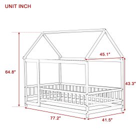 Twin Size House Floor Wooden Bed With Roof Frame, Safety Guardrails
