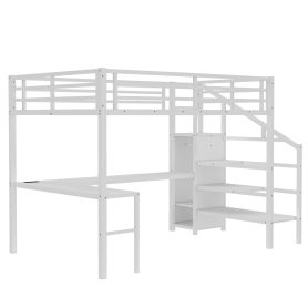 Metal Queen Size High Loft Bed with L-shaped Desk, USB, Wardrobe and Adjustable Shelf