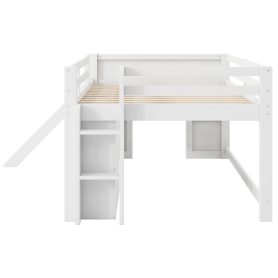Full Size Low Loft Bed with Slide,Three Storage Drawers and Two Doors