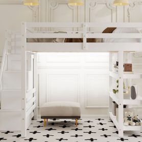 Full Size Loft Bed with Shelves, Storage Staircase, Wardrobe and LED Light