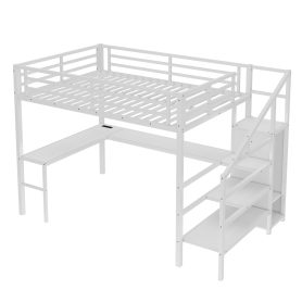 Metal Queen Size High Loft Bed with L-shaped Desk, USB, Wardrobe and Adjustable Shelf