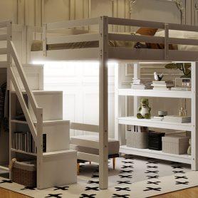 Full Size Loft Bed with Shelves, Storage Staircase, Wardrobe and LED Light