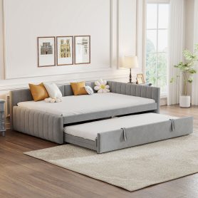 Full Size L-shaped Upholstered Daybed With Twin Size Pop Up Trundle