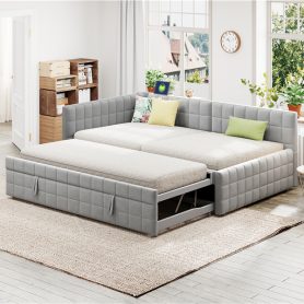 Full Size L-Shaped Upholstered Daybed with Twin Size Pop Up Trundle and USB ports