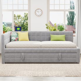 Full Size L-Shaped Upholstered Daybed with Twin Size Pop Up Trundle and USB ports