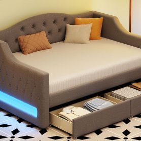Upholstered Twin XL Size Daybed with LED Belt and 2 Drawers