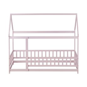 Wooden Twin Size House Floor Bed With Roof Frame, Safety Guardrails