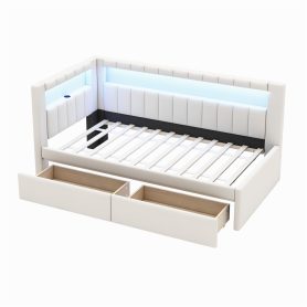 Upholstered Twin Size Platform Bed with USB Ports, 2 Drawers and LED Belt