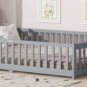 Rubber Wood Queen Size Floor Bed with Fence, Door and Safety Guardrails