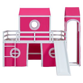 Twin Size Loft Bed with Slide Pink Tent and Tower