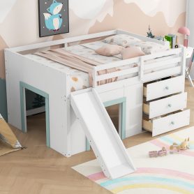 Full Size Low Loft Bed with Slide,Three Storage Drawers and Two Doors