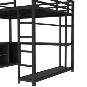 Queen Size Loft Bed with Wardrobe, L-shaped Desk, Storage Cubes and Shelves