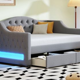 Upholstered Twin XL Size Daybed with LED Belt and 2 Drawers