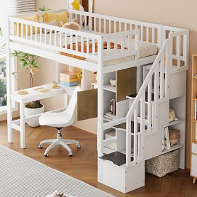 Wood Twin Size Loft Bed with Built-in Desk, LED, Storage Shelves, Cabinets and Staircase 31 Wood Twin Size Loft Bed with Built-in Desk, LED, Storage Shelves, Cabinets and Staircase