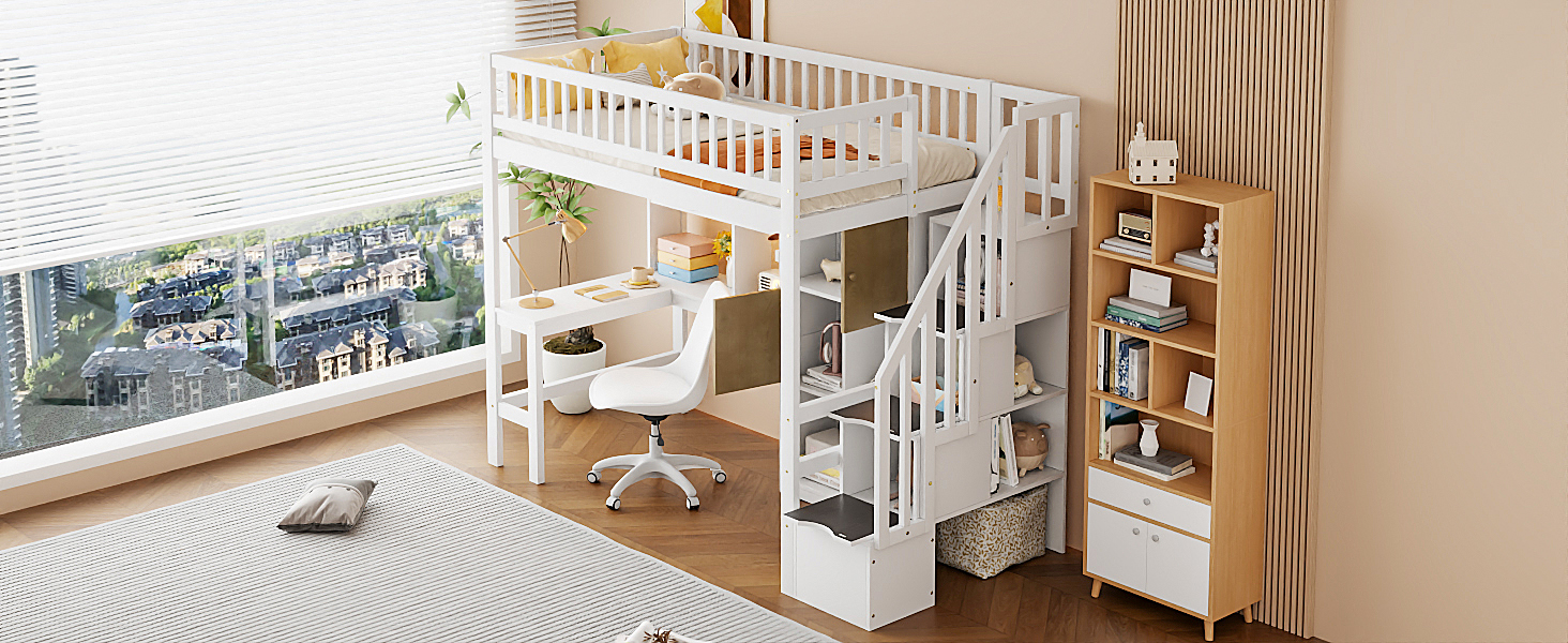 Wood Twin Size Loft Bed with Built-in Desk, LED, Storage Shelves, Cabinets and Staircase 9 Wood Twin Size Loft Bed with Built-in Desk, LED, Storage Shelves, Cabinets and Staircase