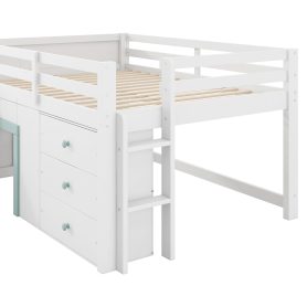Full Size Low Loft Bed with Slide,Three Storage Drawers and Two Doors