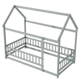 Twin Size House Floor Wooden Bed With Roof Frame, Safety Guardrails